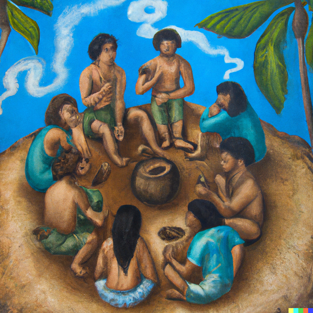 DALL·E 2022-09-30 07.38.29 - a painting of a group of people sitting in a circle around a bowl...png