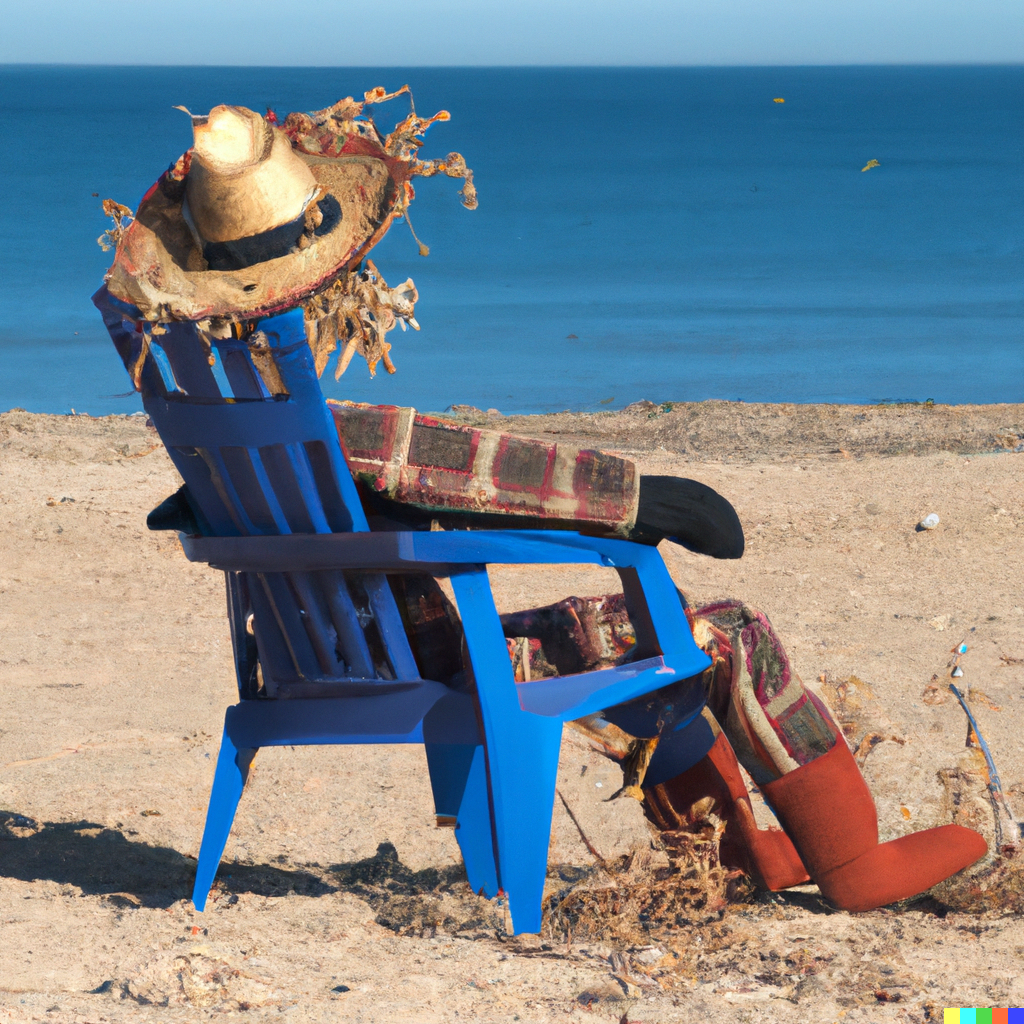 DALL·E 2022-10-14 07.05.41 - a scarecrow sitting on a lounge chair on the beach.png