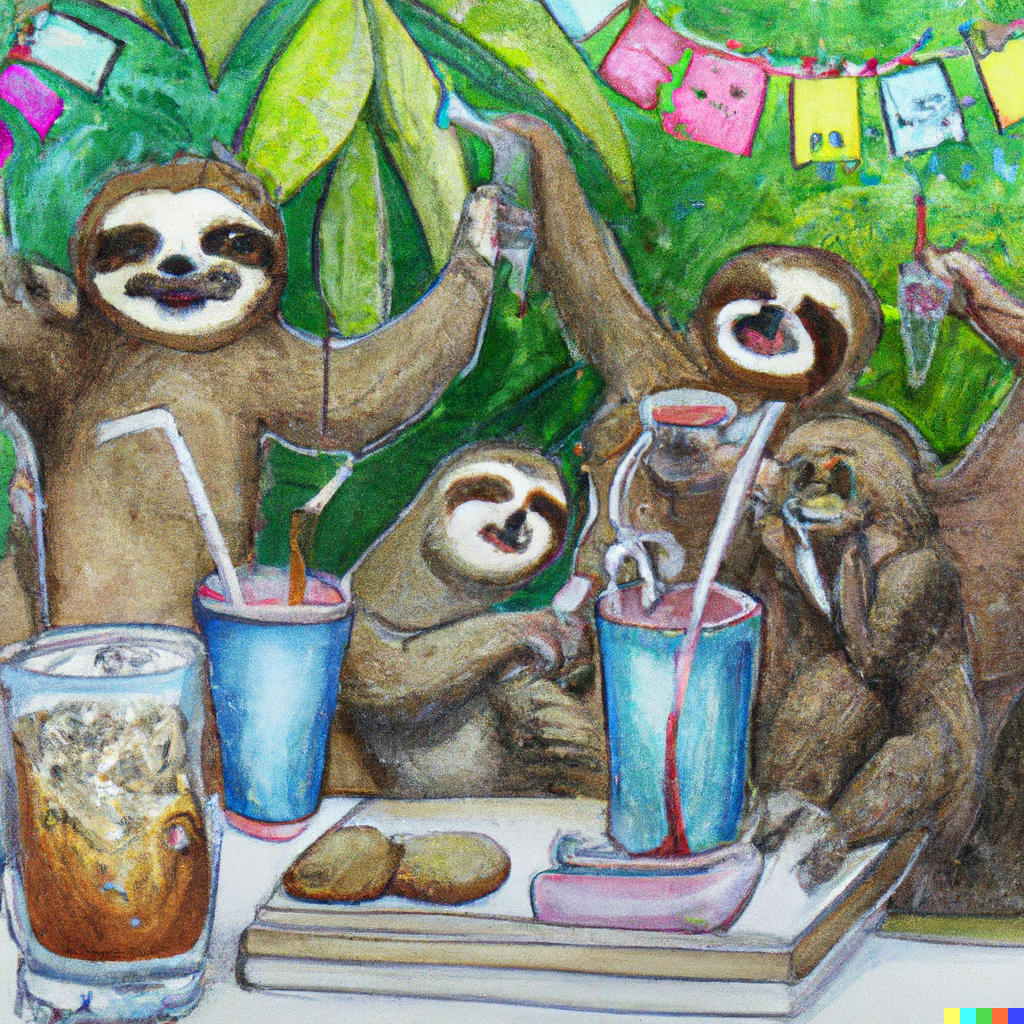 DALL·E 2022-11-04 07.10.43 -  a pencil and water color drawing of sloths having a party while ...png