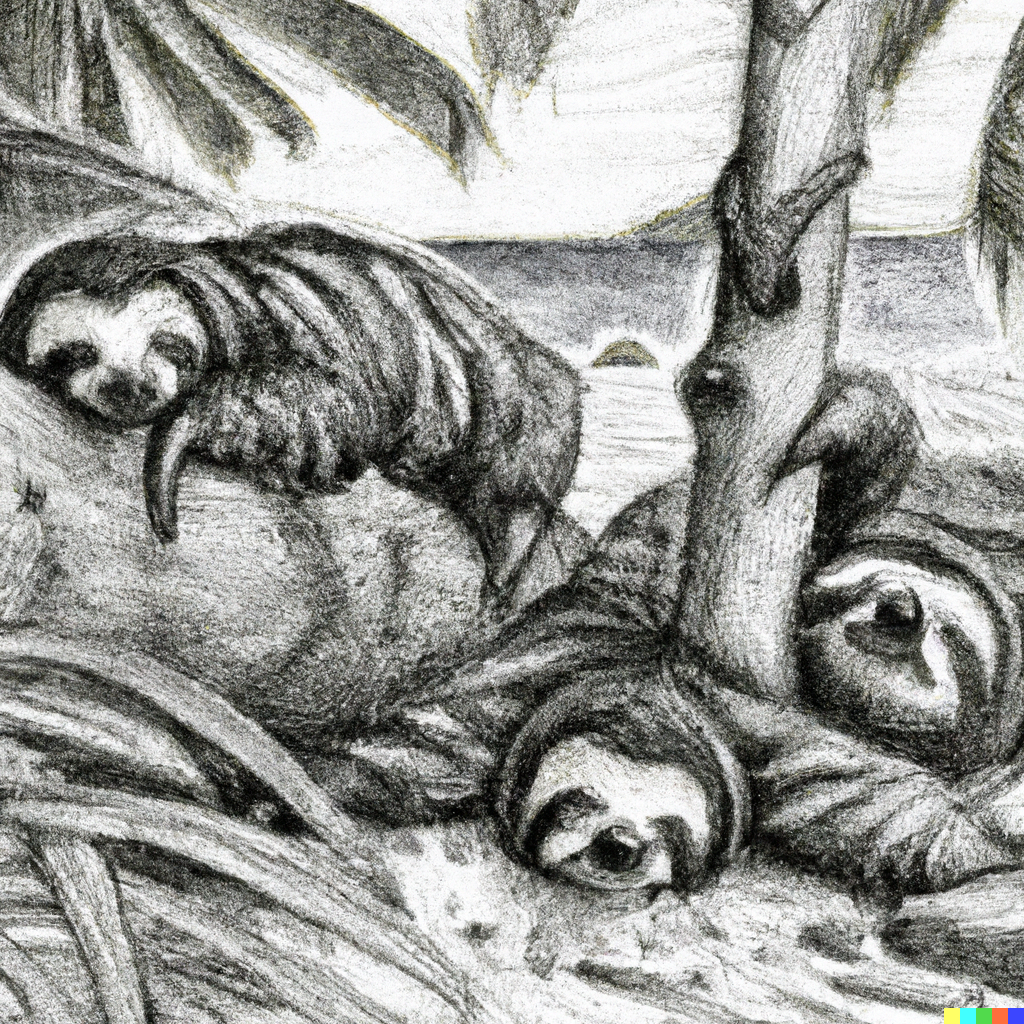 DALL·E 2023-02-10 07.18.06 - an interpretive highly detailed pencil drawing of sloths hanging ...png