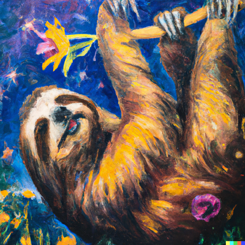 DALL·E 2023-02-17 07.39.12 - an expressive oil painting of a sloth reaching for a flower, depi...png