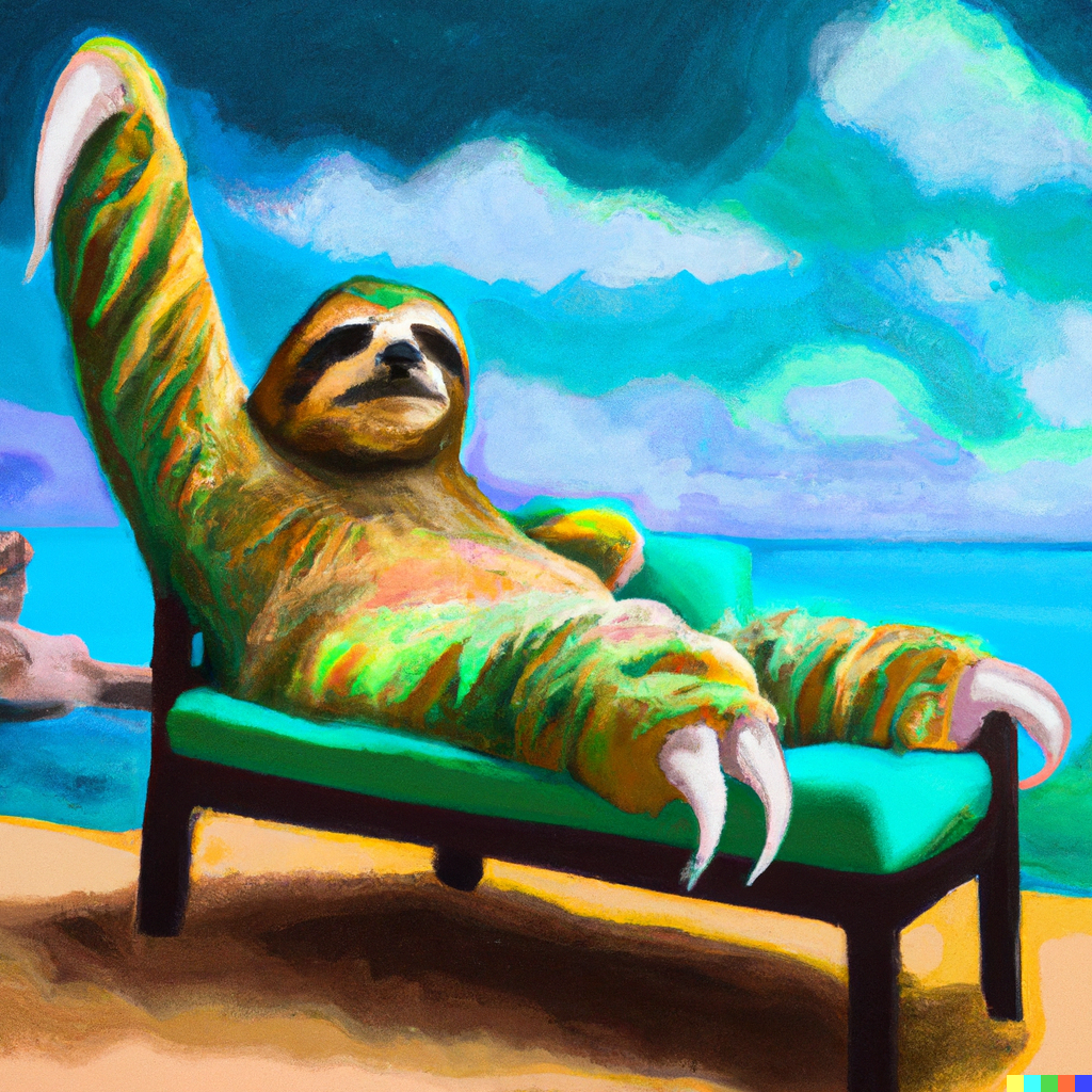 DALL·E 2023-03-03 06.59.24 - digital art of a sloth on the beach being lazy on a couch..png
