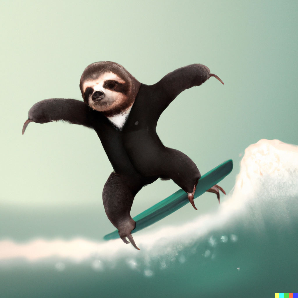 DALL·E 2023-03-24 07.08.09 - sloth wearing a tuxedo surfing. Digital art.png