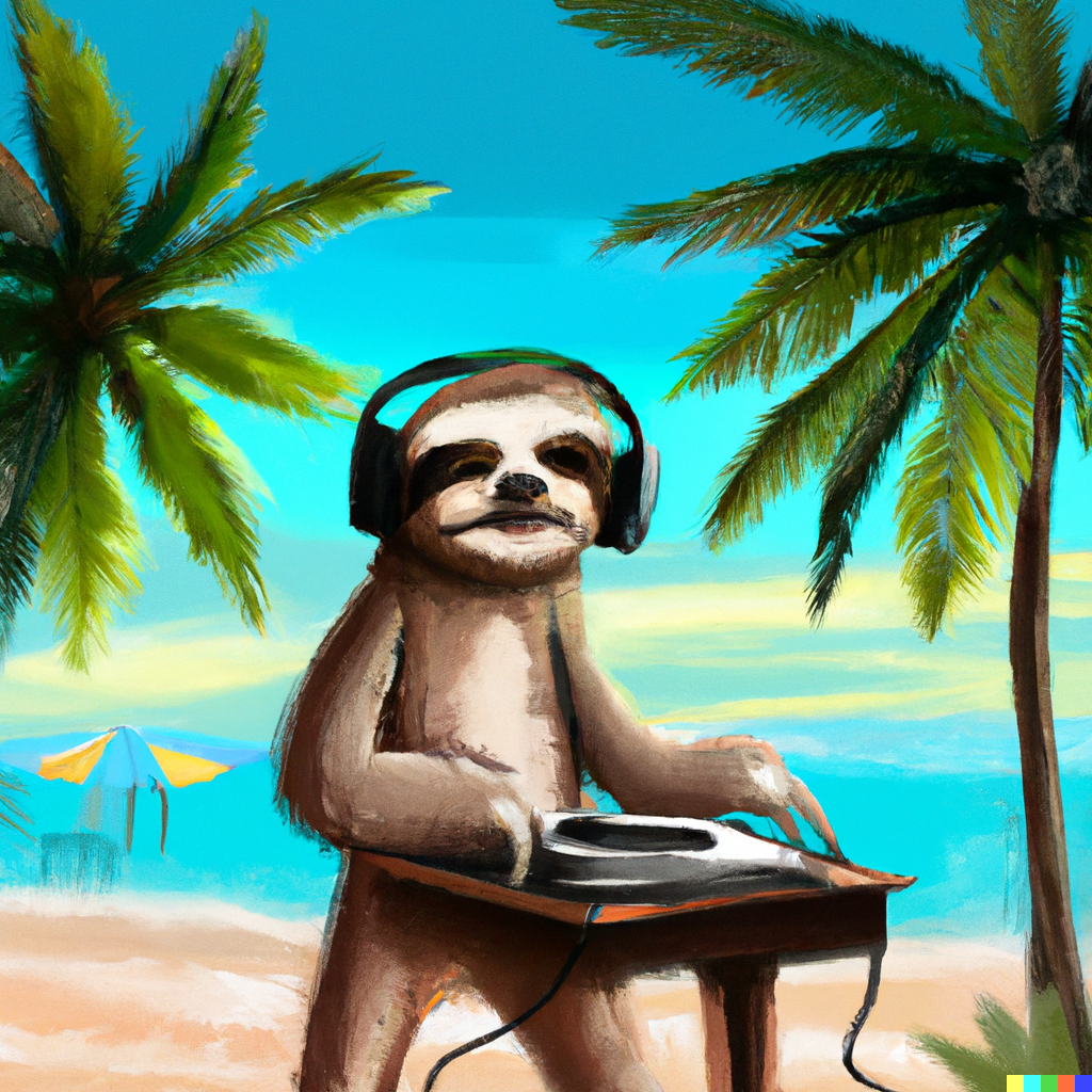 DALL·E 2023-04-14 07.03.32 - a sloth dj in a tropical beach paradise. digital art.png