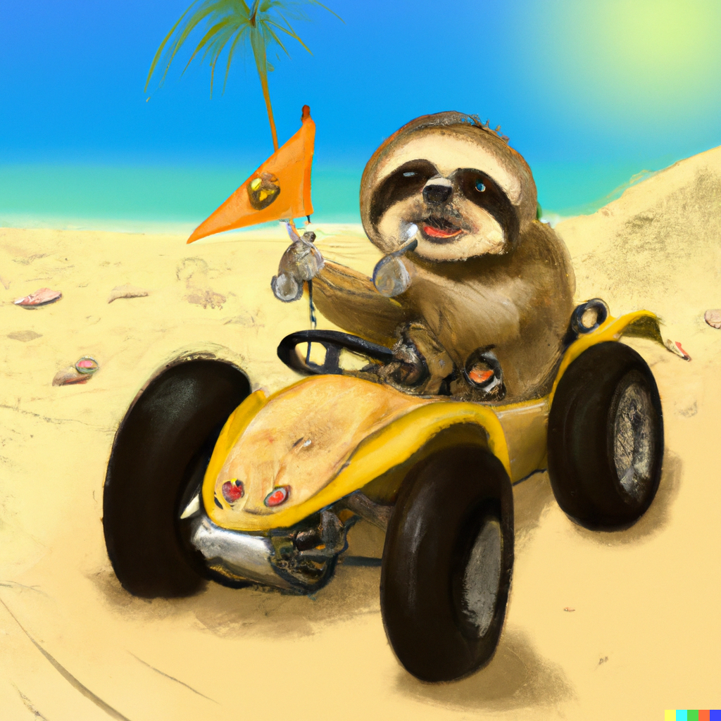 DALL·E 2023-04-21 06.58.07 - a sloth driving a dune buggy on the beach. Digital art.png