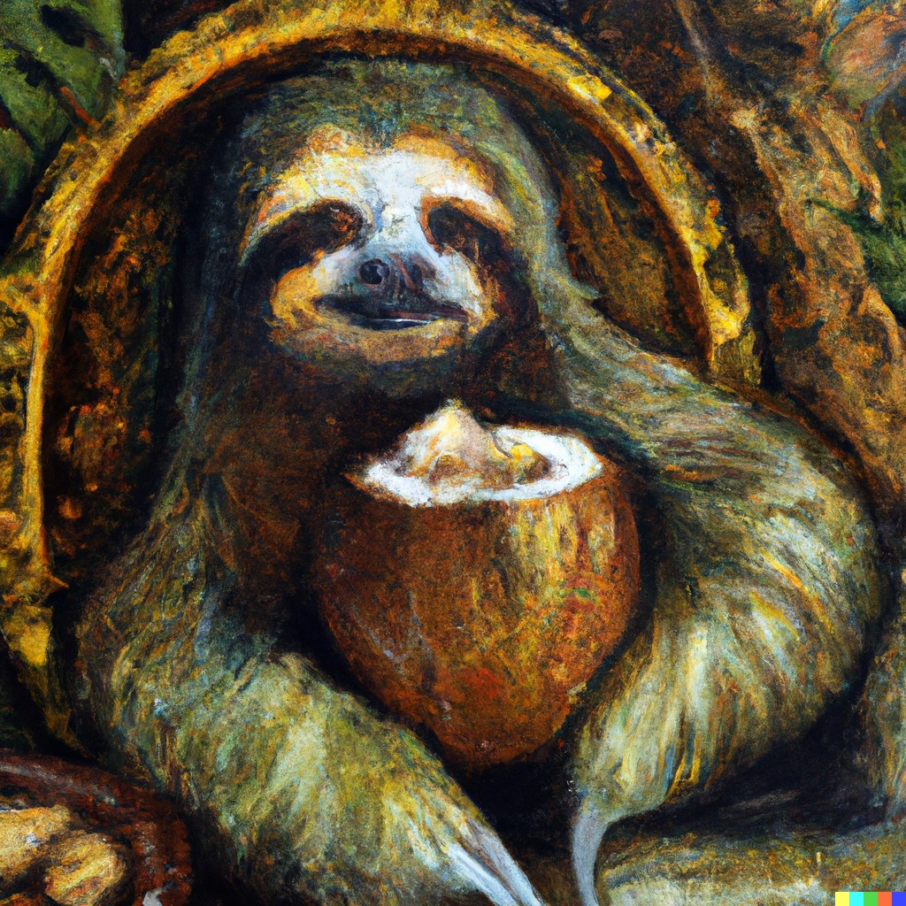 DALL·E 2023-04-28 06.59.33 - an oil painting of a sloth wearing royal robes drinking from a co...png