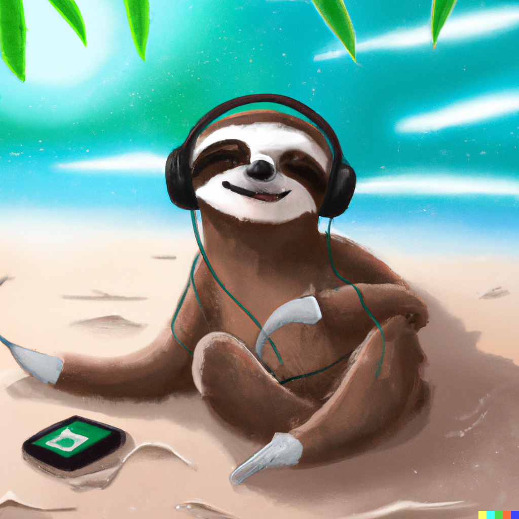DALL·E 2023-05-05 07.24.11 - a happy sloth on the beach listening to music. digital art.png