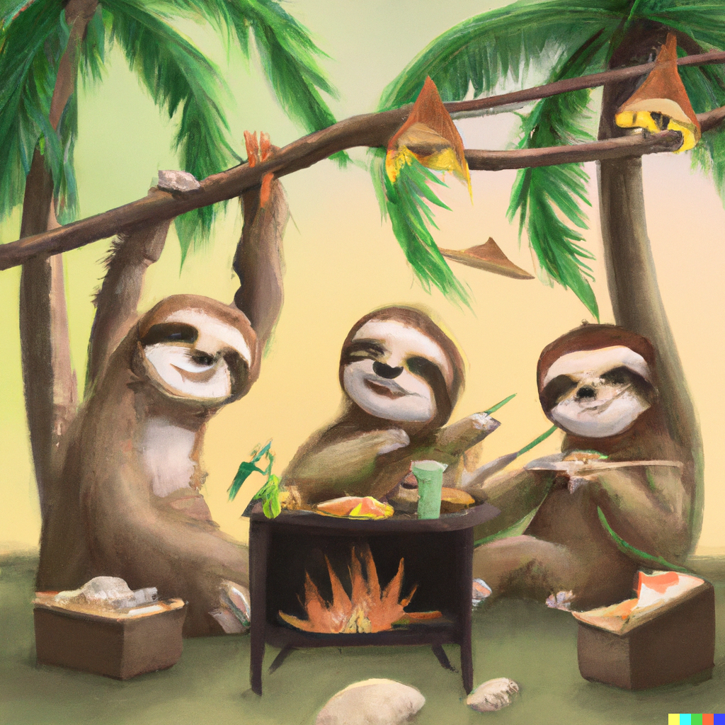 DALL·E 2023-05-12 07.11.22 - family of happy sloths enjoying a barbeque in a tropical setting....png