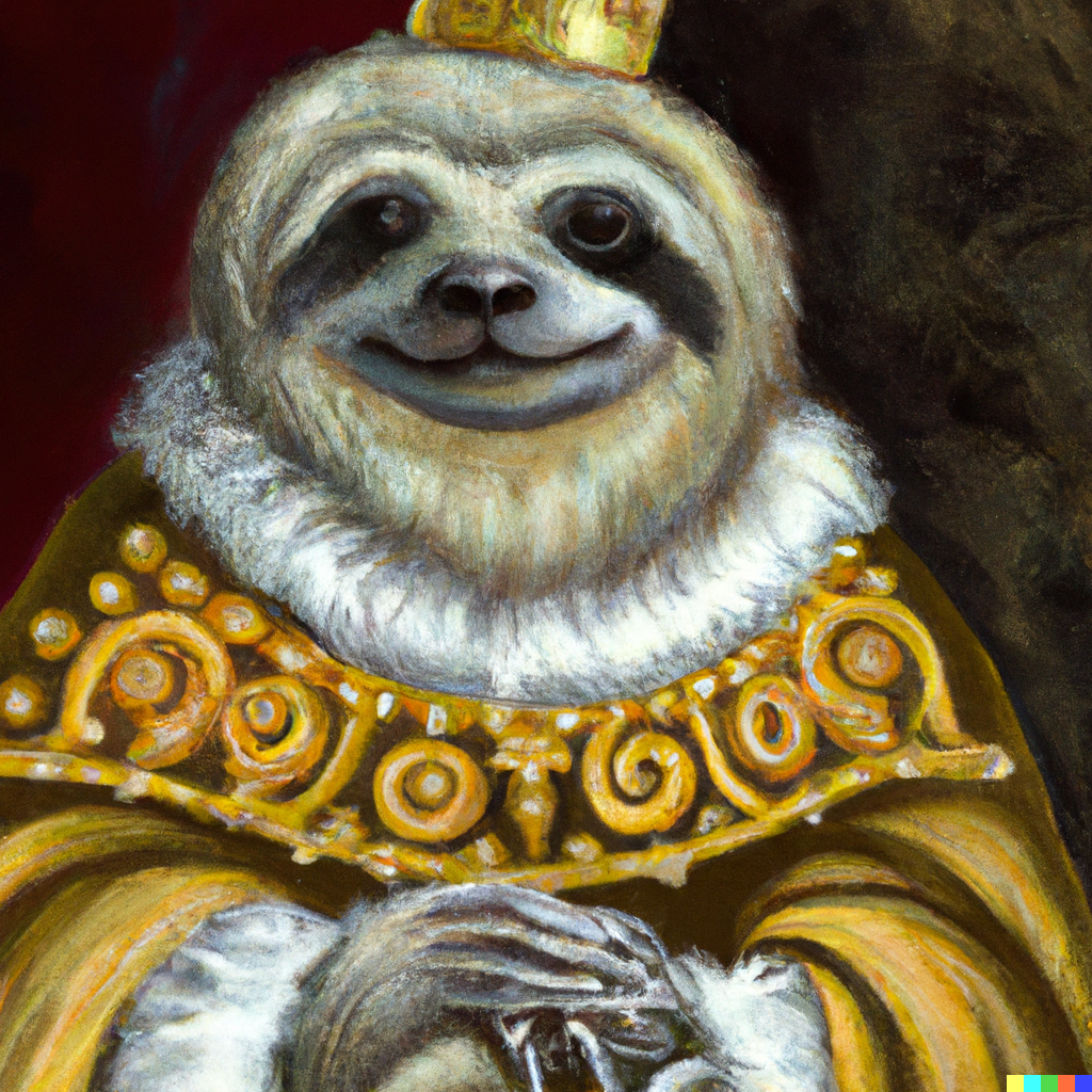 DALL·E 2023-06-02 07.08.54 - an oil painting portrait of a happy sloth wearing medieval royal ...png