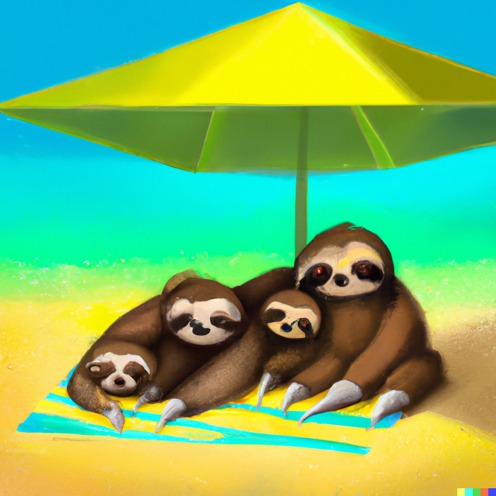 DALL·E 2023-06-09 07.08.59 - a family of happy sloths enjoying the beach trying to hide from t...png
