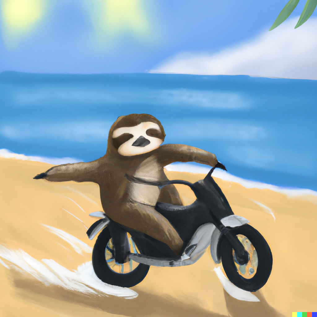 DALL·E 2023-06-16 07.12.37 - Digital art of a sloth riding a motorcycle on the beach in the su...png