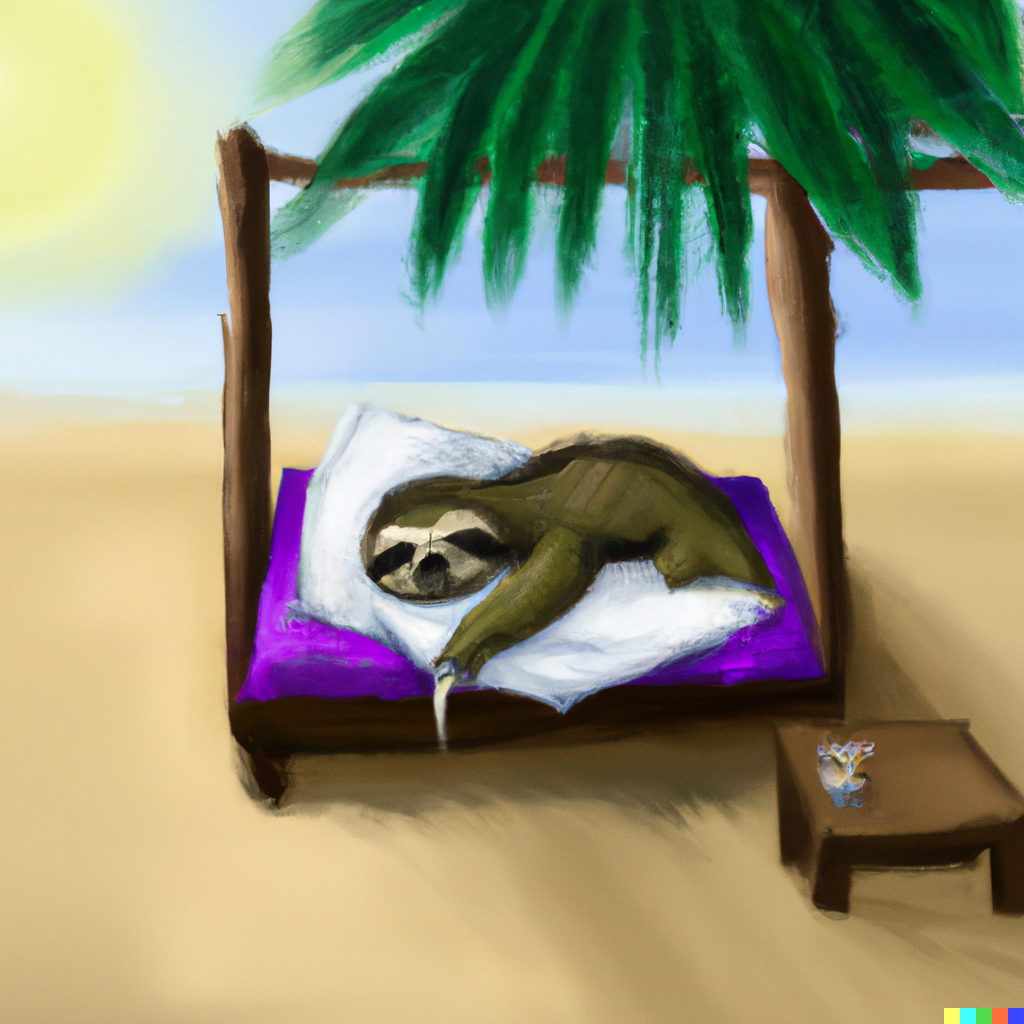 DALL·E 2023-06-23 07.12.03 - a painting of a sloth sleeping in a bed on a sunny beach. Digital...png