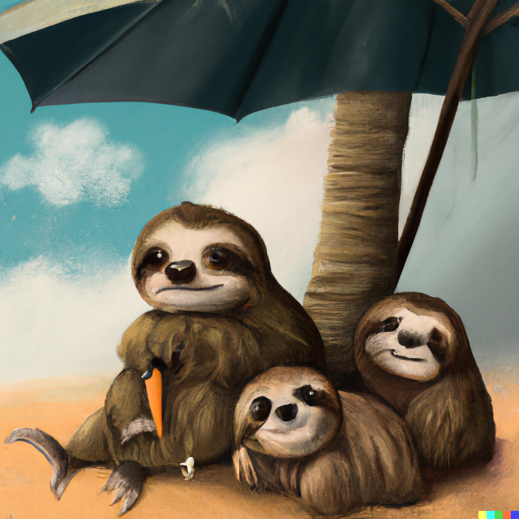 DALL·E 2023-07-07 07.08.14 - a hyperrealist drawing of a happy sloth family on the beach under...png