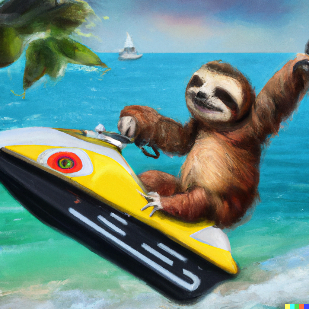 DALL·E 2023-07-14 07.08.54 - a highly detailed oil painting of a happy sloth riding a jet ski ...png