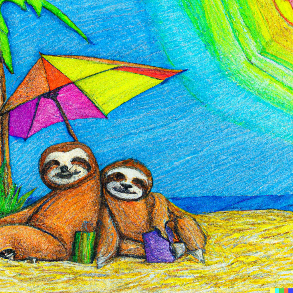 DALL·E 2023-07-21 07.07.53 - Highly detailed colored-pencil drawing of happy sloths at the bea...png