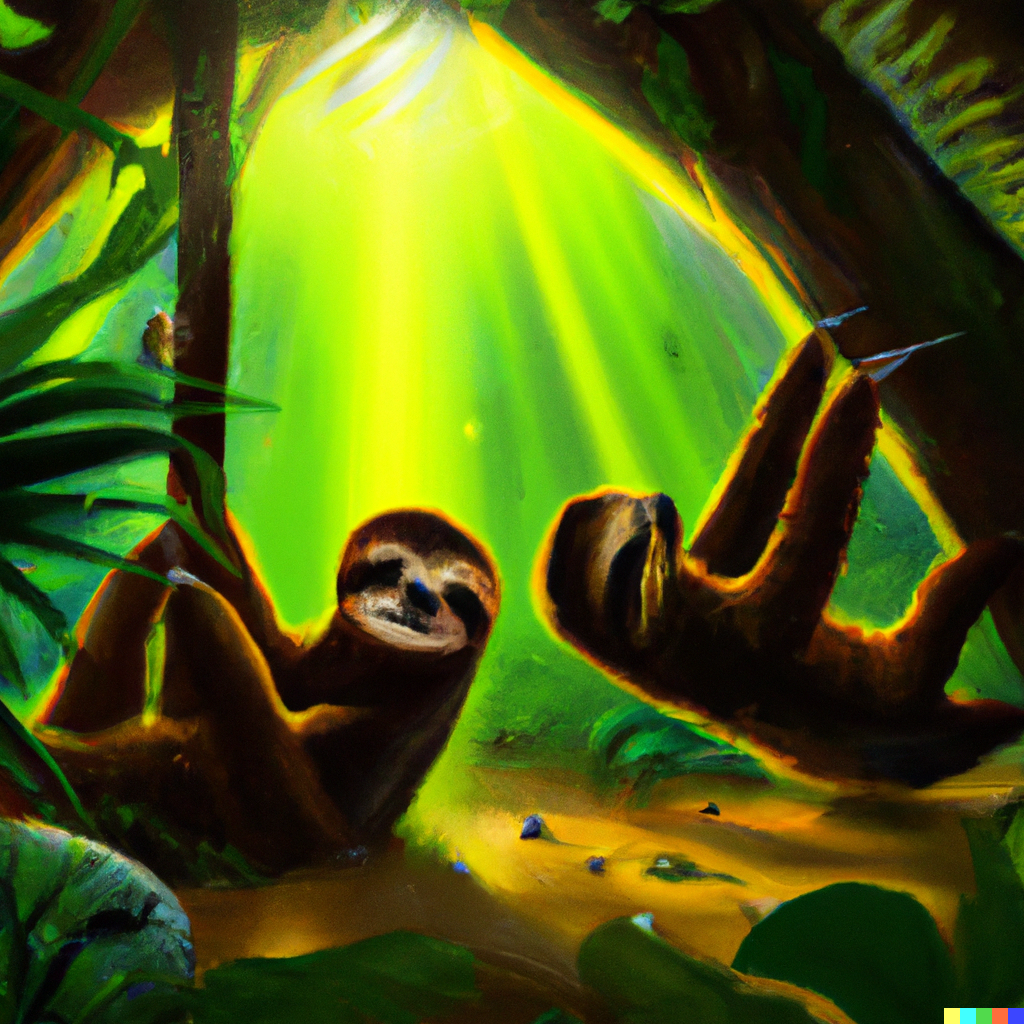 DALL·E 2023-07-28 06.58.31 - Sloths in the jungle, trying to escape the sun. digital art.png