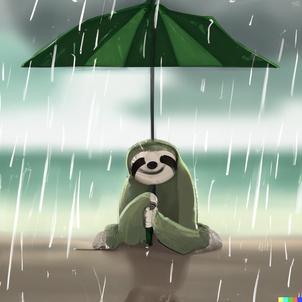 DALL·E 2023-08-04 07.10.34 - a smiling sloth at the beach hiding from the rain. Digital art.png