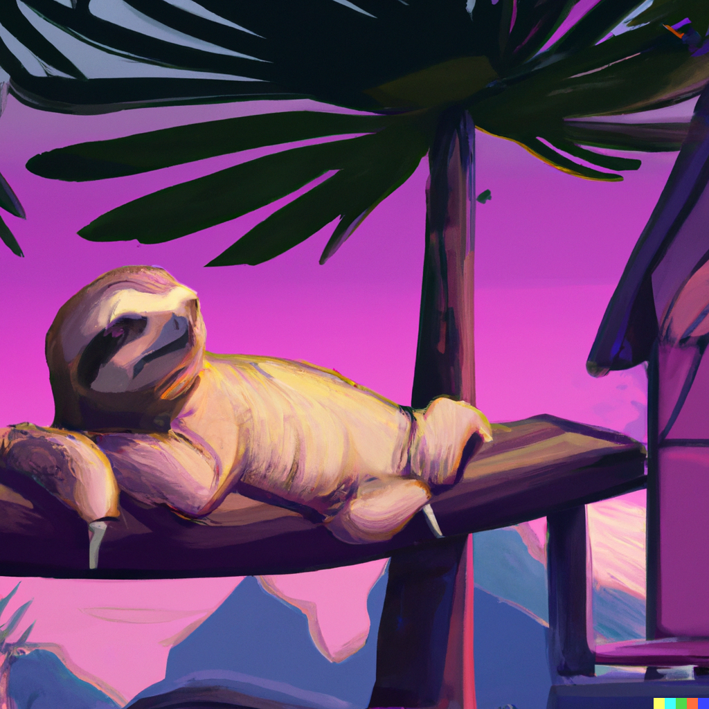 DALL·E 2023-08-11 07.07.59 - a sloth lounging at a vaporwave resort, digital art.png