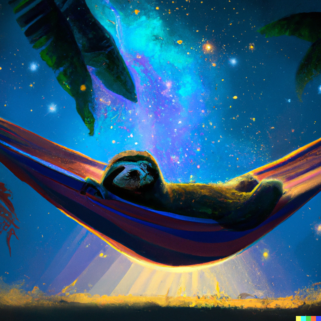 DALL·E 2023-08-18 07.19.57 - a sloth lounging at a tropical resort in laying in a hammock look...png