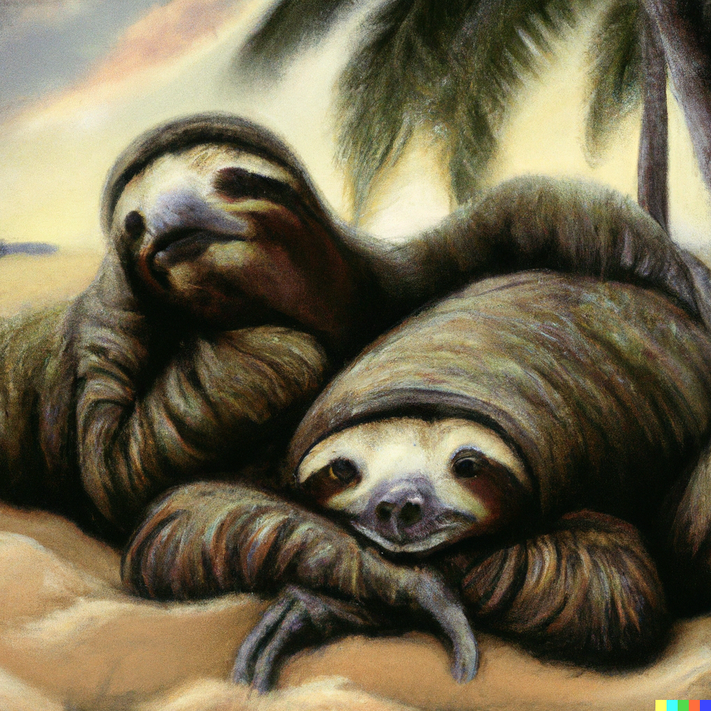 DALL·E 2023-08-25 07.03.46 - A highly detailed oil painting of regal sloths relaxing at the be...png