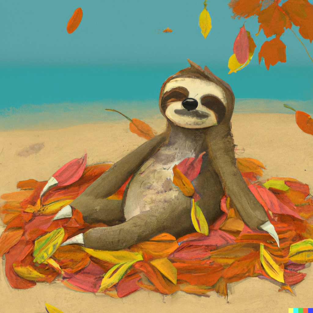 DALL·E 2023-09-15 07.09.10 - Happy sloth sitting in a pile of fall leaves on a tropical beach....png