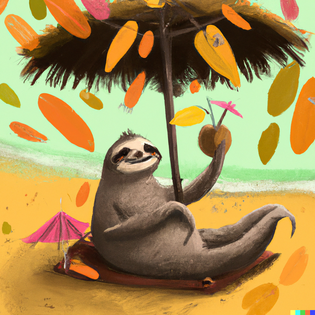 DALL·E 2023-09-29 06.51.54 - A happy sloth on the beach sitting under an umbrella sipping a dr...png