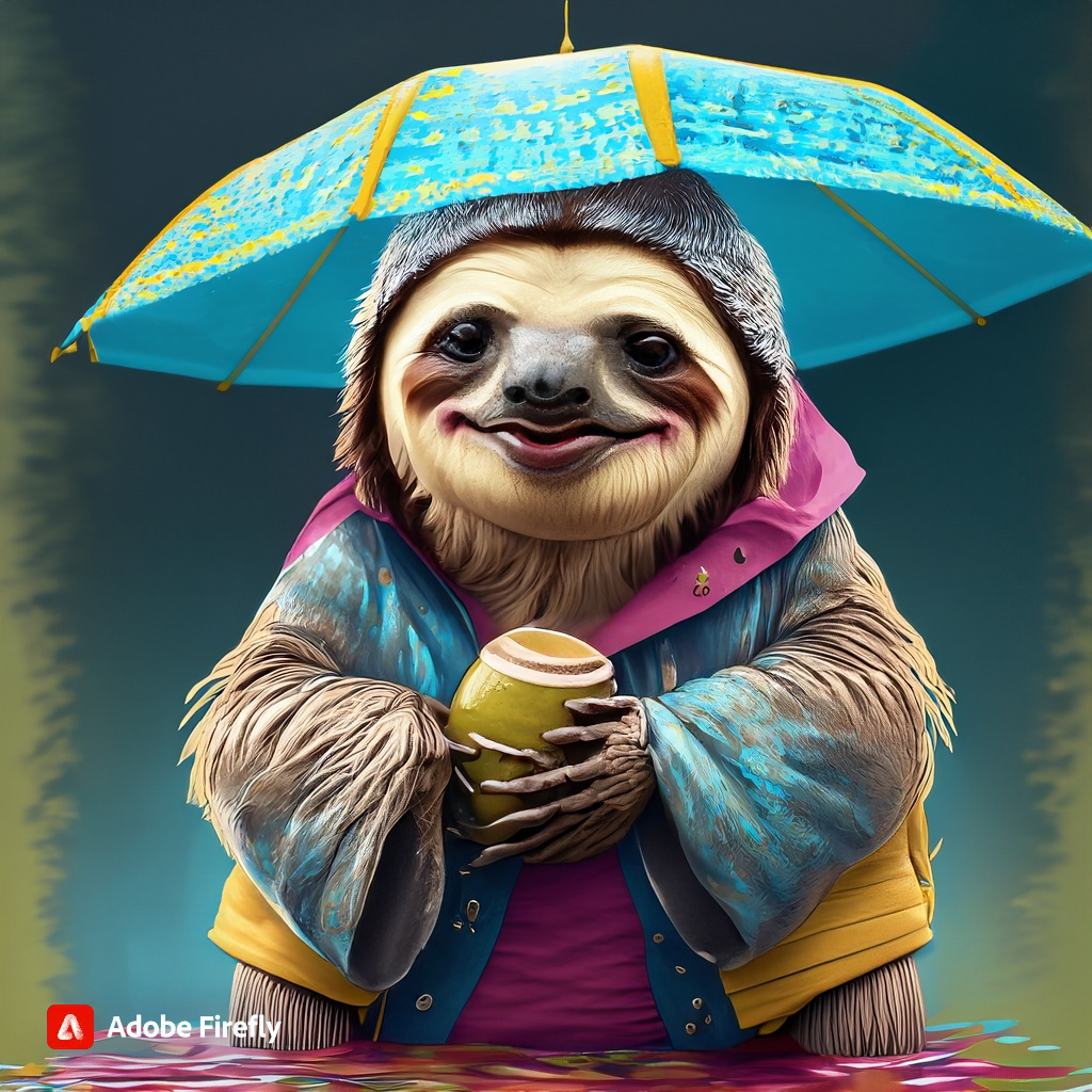 Firefly SLOTH WEARING RAIN COAT SIPPING ON A SHELL OF KAVA 18533.jpg